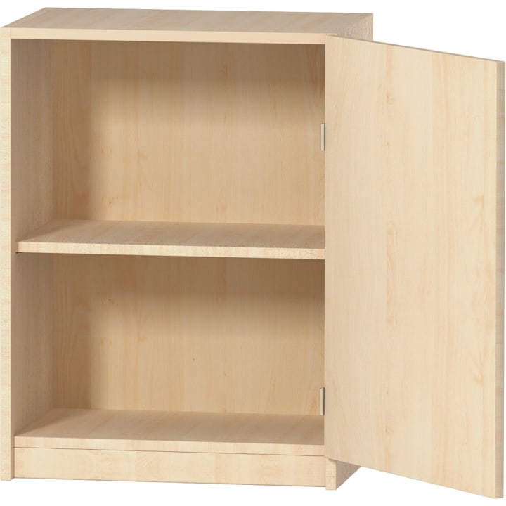 Ein heller Holzschrank mit einer geöffneten Tür, die zwei leere Einlegeböden freigibt. Der Schrank hat ein einfaches, rechteckiges Design und eine glatte Oberfläche.