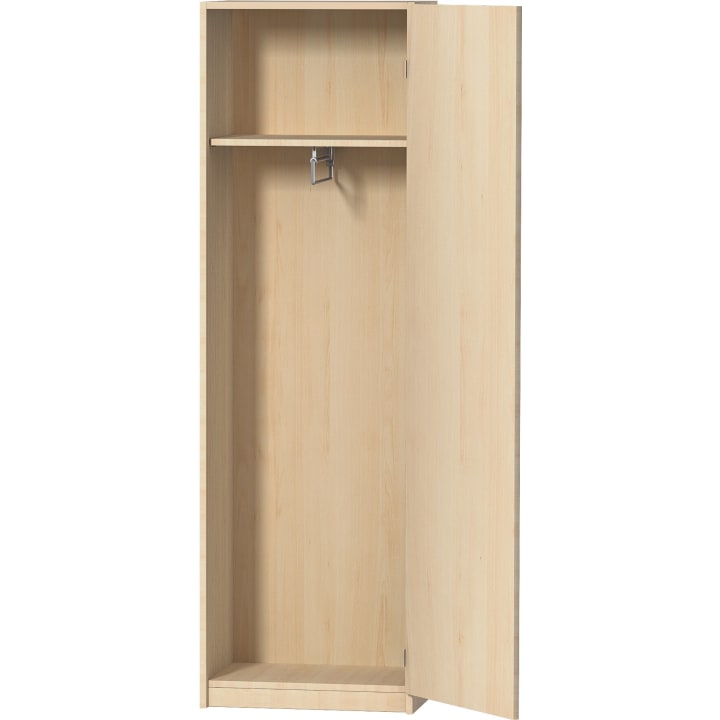 Ein Kleiderschrank aus hellem Holz mit einer offenen Tür, einem oberen Einlegeboden, einer Kleiderstange aus Metall und einem leeren Hauptfach. Der Kleiderschrank hat ein einfaches, minimalistisches Design.