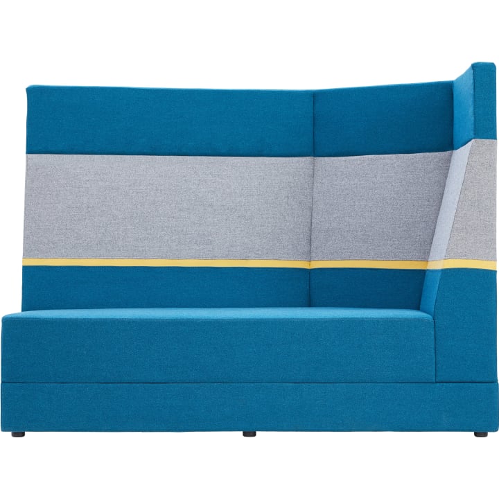 Ein modernes, gepolstertes Sofa mit hoher Rückenlehne und Seitenteilen aus blauem und grauem Stoff, mit einem schmalen horizontalen gelben Streifen in der Mitte.