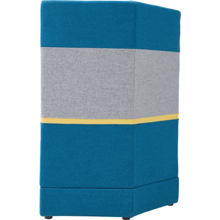 Ein rechteckiges, gepolstertes Möbelstück mit blauem Stoff oben und unten, einem breiten grauen Streifen in der Mitte und einer dünnen gelben Linie, die die blauen und grauen Abschnitte trennt. Das Objekt ist aus einem seitlichen Winkel dargestellt.