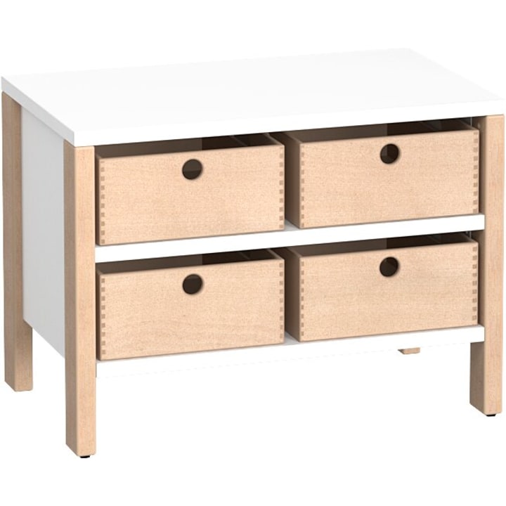 Kleiner, rechteckiger weißer Tisch mit vier Schubladen aus hellem Holz, die in zwei Reihen angeordnet sind. Jede Schublade hat einen runden schwarzen Griff. Der Tisch hat einfache, gerade Beine und ein minimalistisches Design.