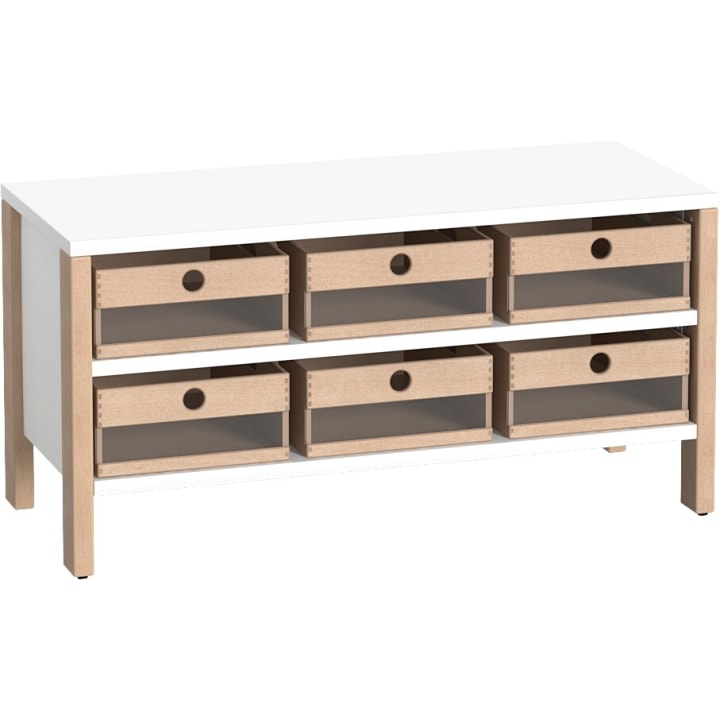 Regalschrank Linus mit 6 Acryl-Materialkästen, B 110,4 x H 55 (mit Rollen) x T 45,7 cm