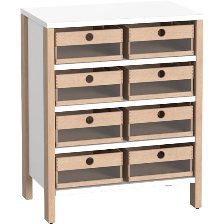 Schrank Linus mit 8 Acryl-Materialkästen, B 75,3 x H 93,4 (mit Füßen) x T 45,7 cm