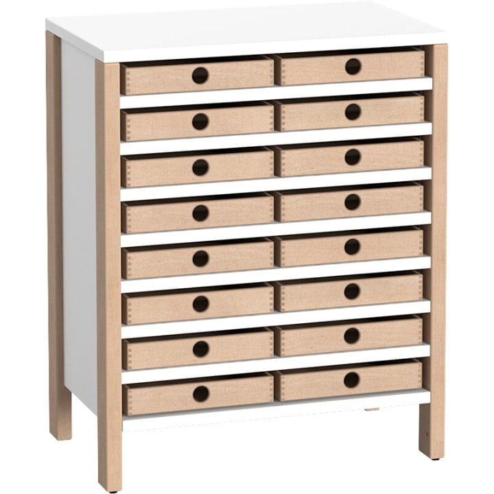 Regalschrank Linus mit 16 Eigentumskästen, B 75,3 x H 93,4 (mit Rollen) x T 45,7 cm