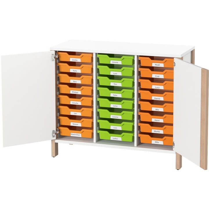 Doppeltürenschrank Linus für Materialboxen, B 110,4 x H 93,4 (mit Rollen) x T 45,7 cm
