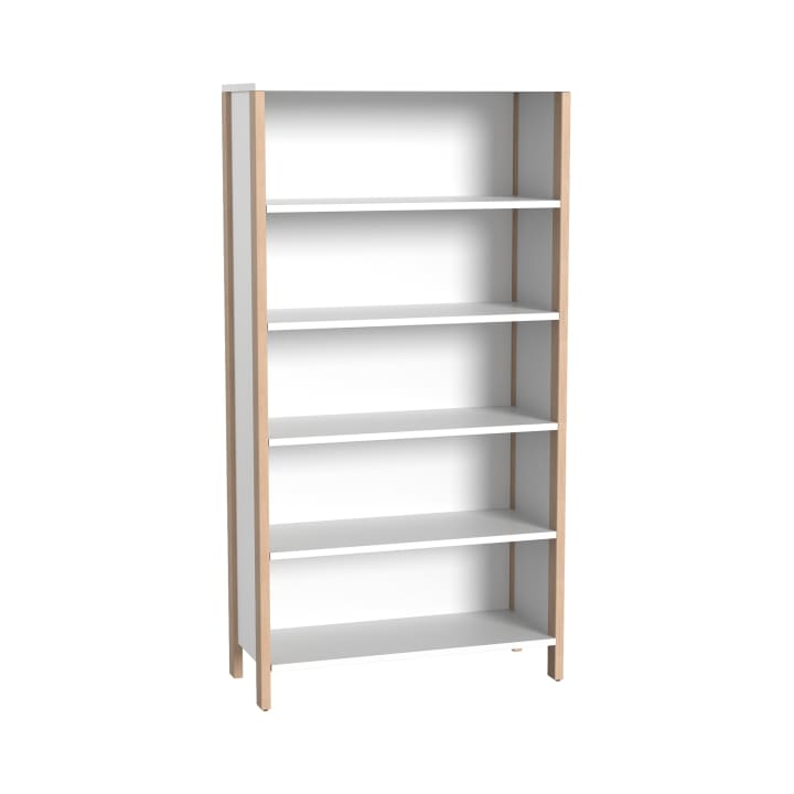 Ein hohes, rechteckiges Bücherregal mit fünf gleichmäßig verteilten weißen Einlegeböden und hellen holzfarbenen Seitenwänden, das auf vier Beinen vor einem schlichten weißen Hintergrund steht.