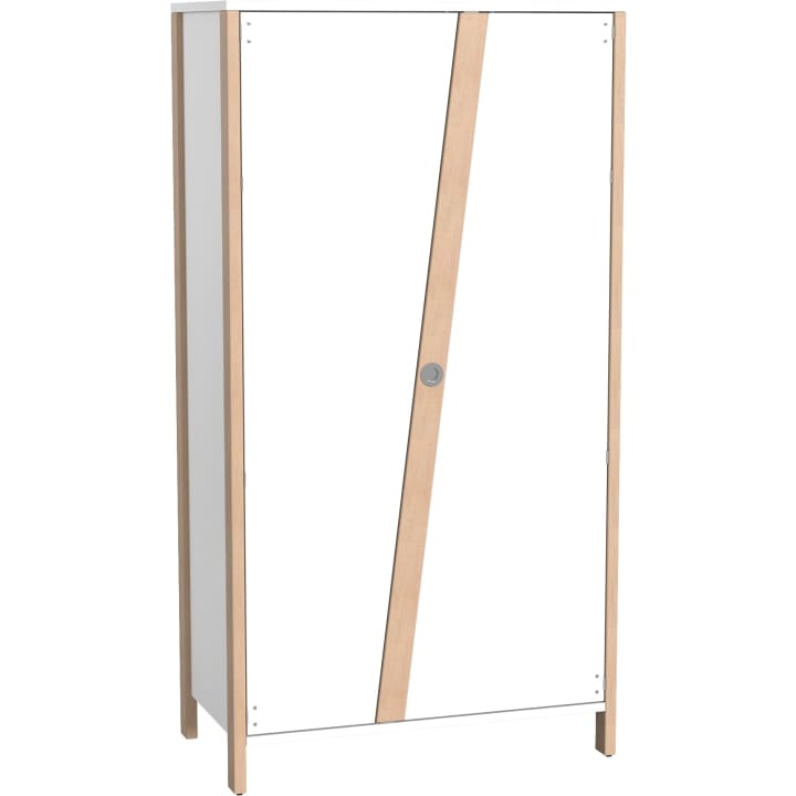 Ein hoher, rechteckiger Schrank mit weißen Türen und hellen Holzakzenten. Der Schrank hat eine vertikale Holzleiste, die diagonal über die rechte Tür verläuft, und einen runden Metallgriff in der Mitte.
