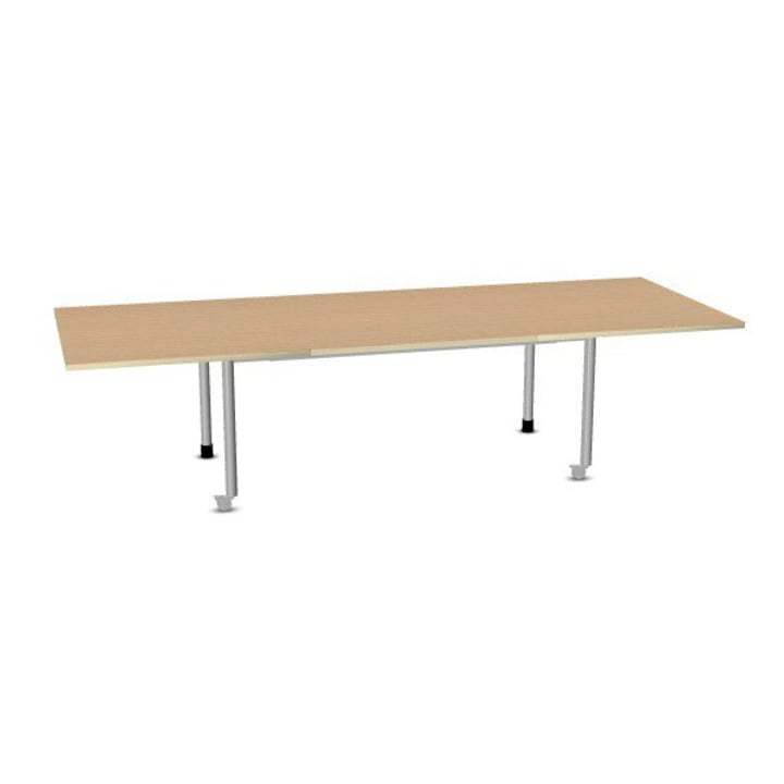 Ein rechteckiger Holztisch mit heller Holzoberfläche und sechs Metallbeinen, dargestellt auf einem schlichten weißen Hintergrund.