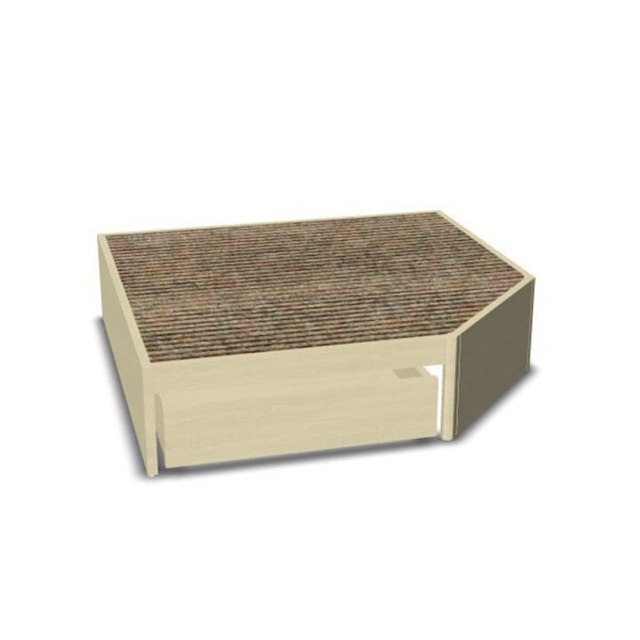 Eine kleine, rechteckige Holzstruktur mit schrägem Dach, die auf einer Seite offen ist und auf der Oberseite eine strukturierte braune Oberfläche aufweist, vor einem schlichten weißen Hintergrund.