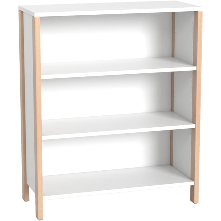 Ein weißes Bücherregal mit drei Regalböden und hellen holzfarbenen vertikalen Stützen an jeder Ecke vor einem schlichten Hintergrund. Die Regale sind gleichmäßig verteilt und das Design ist einfach und modern.