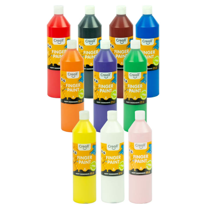 Zehn Flaschen Creall-Fingerfarbe in verschiedenen Farben, darunter rot, grün, schwarz, orange, lila, blau, gelb, weiß, rosa und braun, die in einer gestaffelten Formation auf einem weißen Hintergrund angeordnet sind.