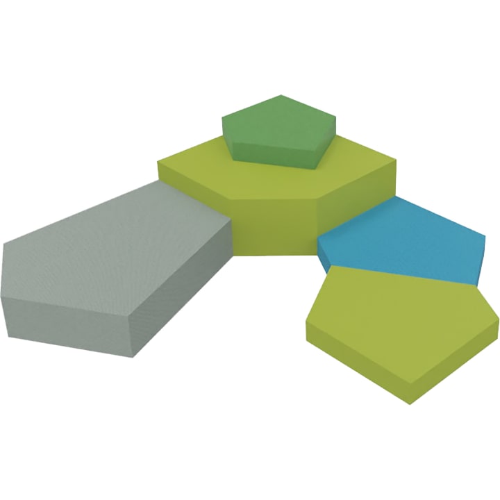 Eine 3D-Illustration von fünf ineinander greifenden fünfeckigen Blöcken in verschiedenen Farben: hellgrau, blau, hellgrün, gelb-grün und grün, die in einem kreisförmigen Muster auf weißem Hintergrund angeordnet sind.