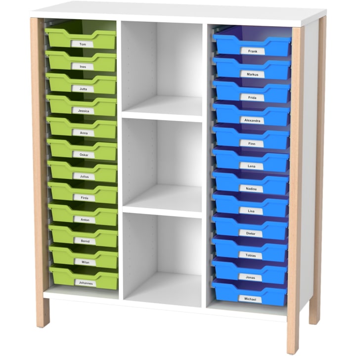 Schrank Linus für 24 Materialboxen, B 110,4 x H 131,8 (mit Füßen) x T 45,7 cm
