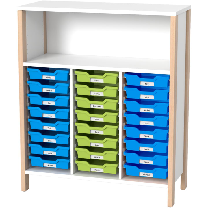 Schrank Linus für 24 Materialboxen, B 110,4 x H 131,8 (mit Füßen) x T 45,7 cm