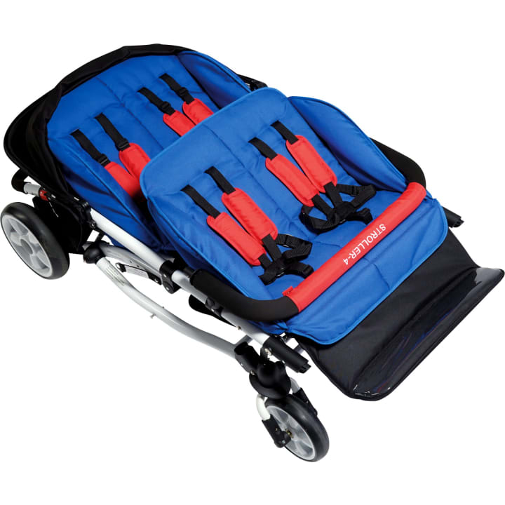 Ein blauer Doppelkinderwagen mit roten Gurtbändern und einer roten Schaumstoffstange mit der Aufschrift STROLLAIR. Der Kinderwagen ist zusammengeklappt dargestellt, wobei die Räder und das Gestell sichtbar sind.