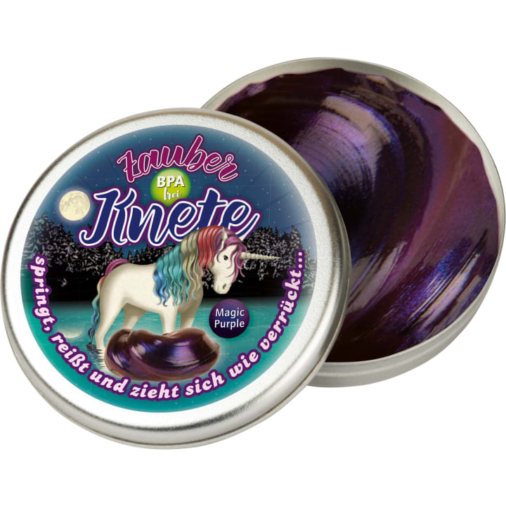 Eine runde Metalldose mit der Aufschrift "Zauber Knete" mit einem Cartoon-Einhorn und einem violetten Hintergrund im Mondlicht. Die Dose ist geöffnet und enthüllt verwirbelte, metallische lila Knete im Inneren. Der Text auf der Dose lautet "Magic Purple" und ist in deutscher Sprache.
