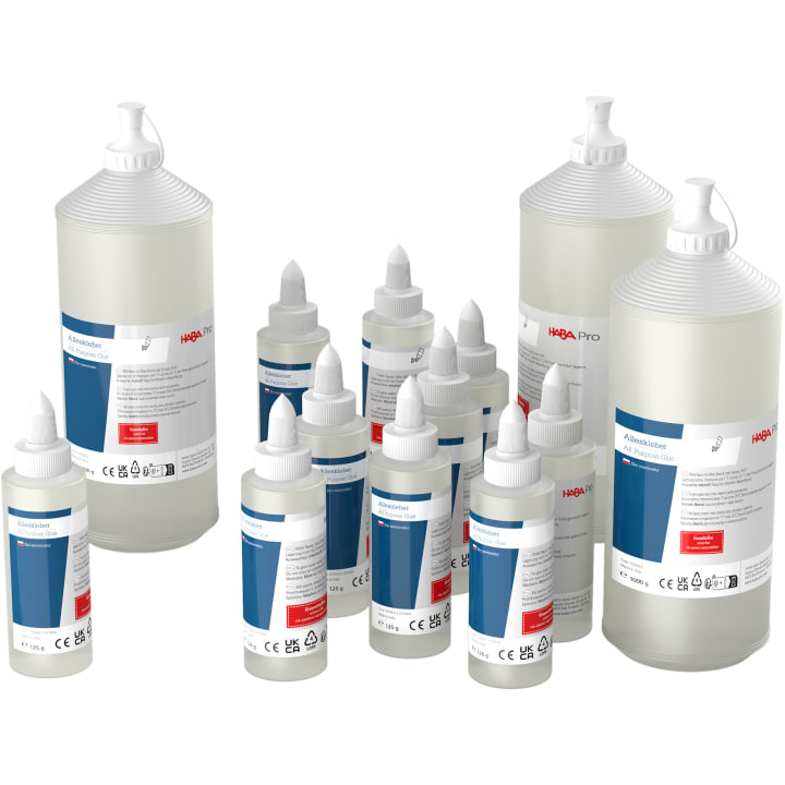HABA Pro Alleskleber Kleberpaket, lösungsmittelfrei, 10 Flaschen à 125 g + 3 Flaschen à 1 kg