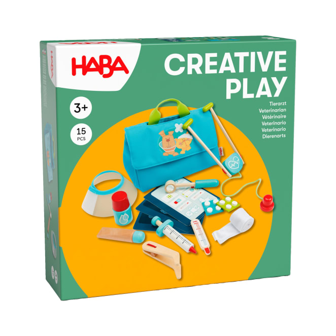 Eine HABA-Kreativspielbox für Kinder ab 3 Jahren mit einem Tierarztkoffer mit 15 Teilen, darunter eine Tasche, eine Spritze, ein Stethoskop, ein Klemmbrett, Medizinflaschen und andere medizinische Werkzeuge.