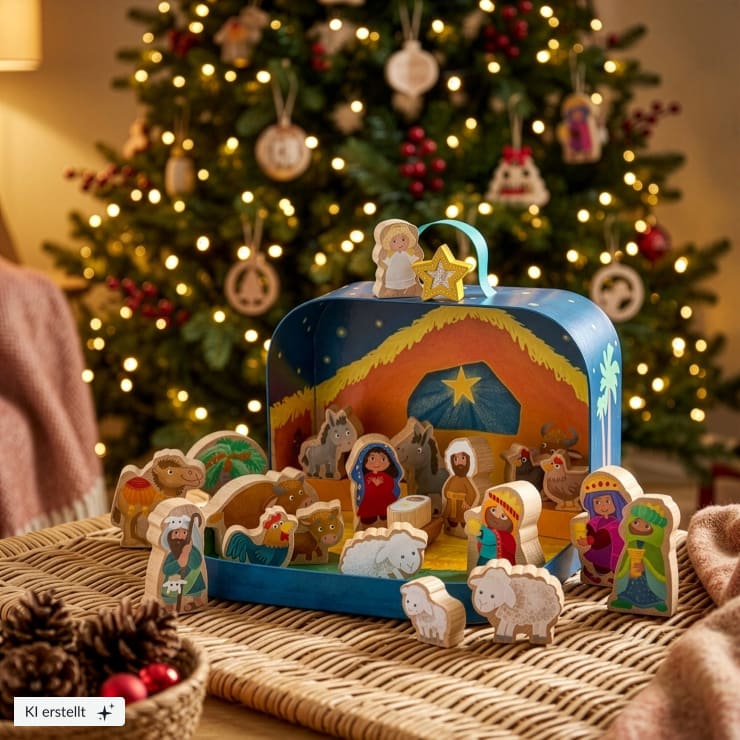 Spielkoffer, Weihnachtskrippe, mit 24 Holzfiguren, ab 18 Monaten, KI-generiertes Bild