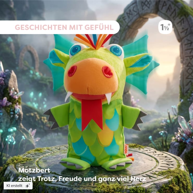 Handpuppe Drache Motzbert, KI-generiertes Bild