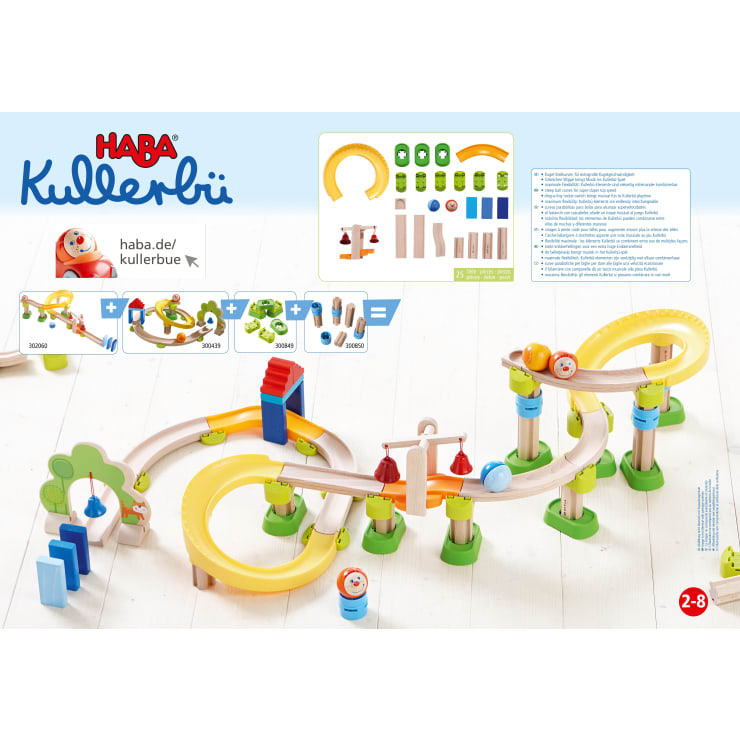 Kinderspielzeugset Murmelbahn auf weißem Untergrund, mit gebogenen und geraden Holzbahnen, bunten Säulen und Zubehörteilen. Kleinere Bilder zeigen die Montageschritte und den Inhalt des Sets. Das Set ist für Kinder von 2-8 Jahren geeignet.