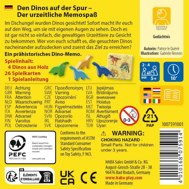 Vorderseite der Schachtel eines Dinosaurier-Memoryspiels mit Cartoon-Dinosaurierfiguren, Spielinformationen in Deutsch, Englisch und Französisch, Alters- und Spielersymbolen, Sicherheitswarnung und verschiedenen Zertifizierungslogos.
