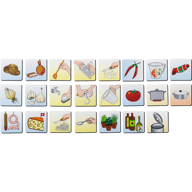 Zwanzig illustrierte Kacheln zeigen Schritte und Zutaten beim Kochen, darunter Kartoffeln, Hackfleisch, Reiben, Schneiden, Chili, Würzen, Zwiebeln, Knoblauch, Händewaschen, Gießen, Tomate, Topf, Wurst, Käse, Kräuter, Öl, Essig und eine Dose.