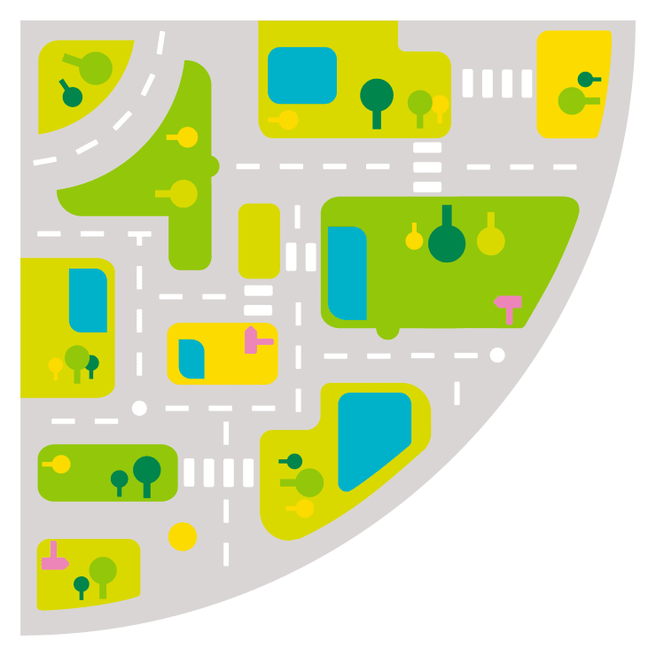 Eine vereinfachte Kartendarstellung zeigt gebogene und gerade Straßen, Fußgängerüberwege, grüne Parks mit Bäumen und mehrere blaue Teiche, die in einem Viertelkreis angeordnet sind.