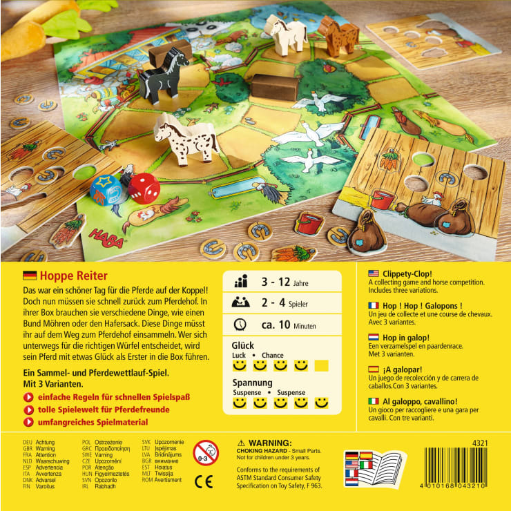 Ein farbenfrohes Brettspiel mit einem grasbewachsenen Weg, Pferden, Würfeln und Spielfiguren. Die Schachtel enthält eine Spielanleitung, Symbole für Alter und Spieler sowie eine Beschreibung in Deutsch und Englisch auf gelbem Hintergrund.