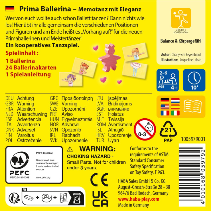 Rückseite der Schachtel eines Brettspiels in deutscher Sprache mit dem Titel Prima Ballerina - Memotanz mit Eleganz, mit Beschreibungen, Sicherheitshinweisen, Symbolen, Spielerinhalten und Informationen über den Verlag HABA.