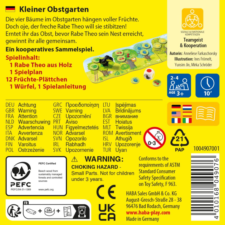 Rückseite der Spielschachtel für Kleiner Obstgarten von HABA. Sie zeigt die Spielfiguren, ein Aufbaufoto, das empfohlene Alter 2+, die Spielerzahl 1-4, das Figureninventar, Sicherheitshinweise und die Kontaktdaten der Firma in Deutsch und Englisch.