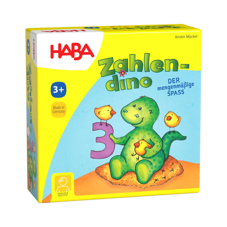 Auf einer gelben HABA-Spielschachtel ist ein grüner Dinosaurier abgebildet, der eine lila Zahl 3 hält, umgeben von drei gelben Küken. Das Spiel trägt den Titel Zahlen-dino und ist für Kinder ab 3 Jahren geeignet, hergestellt in Deutschland.