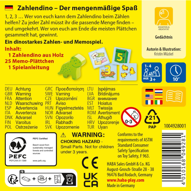 Vorderseite einer deutschsprachigen Brettspielschachtel namens Zahlendino mit Abbildungen eines Dinosauriers, hölzernen Zahlenplättchen und Karten. Enthält Text, Warnsymbole, Inhaltsliste und Zertifizierungslogos auf gelbem Hintergrund.