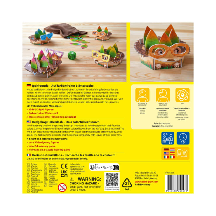 Rückseite einer Kinderspielschachtel mit Anleitungen und Informationen in mehreren Sprachen, Bildern eines Igels und bunten Blättern, empfohlenem Alter (2+), Spielerzahl (1-4), Sicherheitswarnungen und Unternehmensangaben.