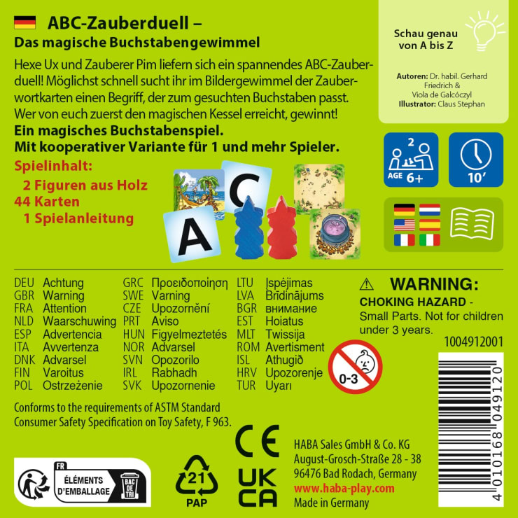 Die Rückseite der farbenfrohen Spielschachtel mit dem Titel ABC-Zauberduell enthält eine Beschreibung in deutscher Sprache, Sicherheitshinweise, zwei illustrierte Spielfiguren, Buchstabenkarten, Bäume, Spieldetails, eine Altersempfehlung und Informationen zum Unternehmen.