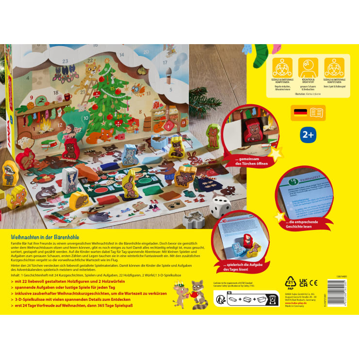 Rückseite einer Kinder-Adventskalenderschachtel mit festlichen Bärenfiguren, Spielfiguren, einem offenen Kalender mit Fächern, illustrierten Spielsteinen, Karten und Anleitungsmaterial, alles auf gelbem Hintergrund mit deutschem und englischem Text.