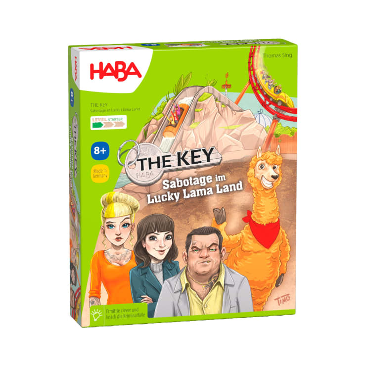 Eine Schachtel mit dem Brettspiel The Key: Sabotage im Lucky Lama Land von HABA mit Cartoon-Illustrationen von drei Personen, einem Lama und einer Achterbahn im Hintergrund. Geeignet für Kinder ab 8 Jahren.