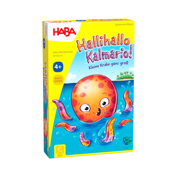 Die farbenfrohe Brettspielschachtel mit dem Titel Hallihallo Kalmario! zeigt einen lächelnden orangefarbenen Oktopus mit lila Tentakeln im Meer. Die Schachtel zeigt, dass das Spiel für Kinder ab 4 Jahren geeignet ist und trägt die Aufschrift Made in Germany mit dem HABA-Logo am oberen Rand.