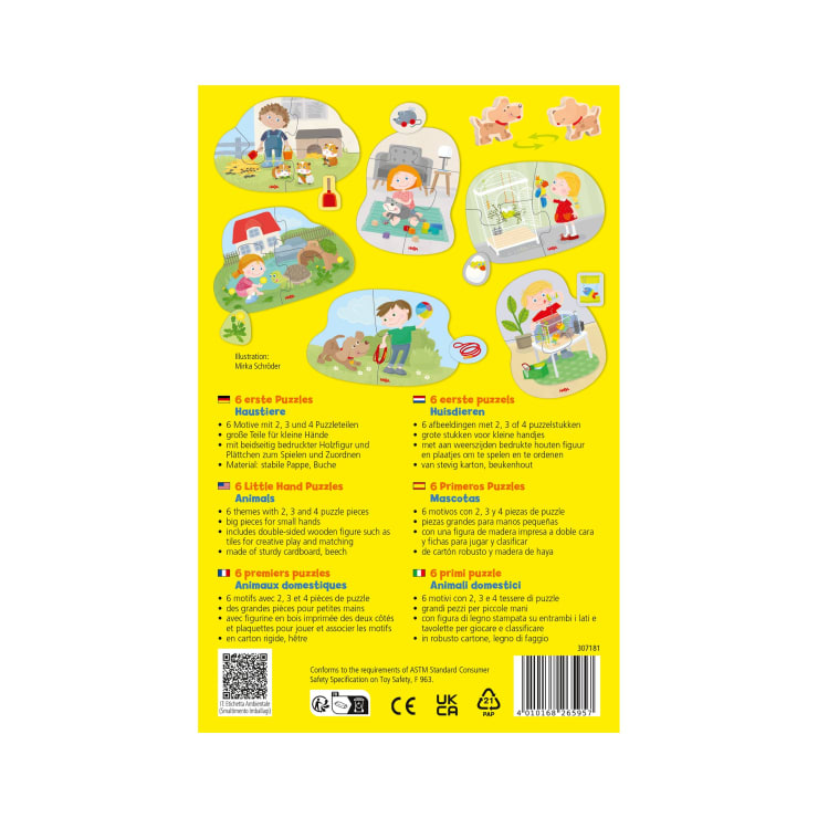 Die Rückseite einer Kinderpuzzlebox zeigt Illustrationen von Tieren, Kindern und Naturszenen, mit Beschreibungen in mehreren Sprachen und Sicherheitszertifikaten am unteren Rand.