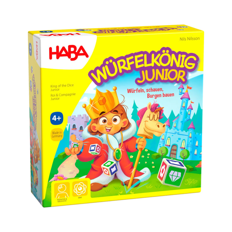 Die Abbildung zeigt eine farbenfrohe Schachtel für das Spiel Würfelkönig Junior von HABA mit einem Cartoon-Löwen, der eine Krone und einen Umhang trägt und ein Zepter hält, mit Würfeln und einem Schloss im Hintergrund. Für Kinder ab 4 Jahren.