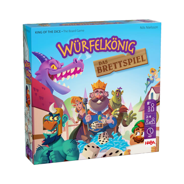 Das Bild zeigt die bunte Schachtel des Brettspiels Würfelkönig: Das Brettspiel von HABA. Auf dem Cover sind Cartoon-Figuren abgebildet, darunter ein König mit Würfeln, ein lila Drache und verschiedene Fantasiewesen.