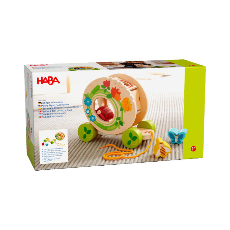 Eine Schachtel Nachziehspielzeug der Marke HABA mit einem Holzigel mit Blumen und Rädern, geeignet für Kinder ab 1 Jahr, in einer bunten Verpackung mit Produktinformationen in mehreren Sprachen.