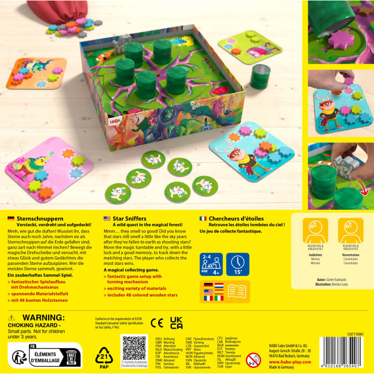 Ein Brettspiel für Kinder wird mit bunten Karten, grünen Spielsteinen, sternförmigen Figuren und einer dekorativen Schachtel präsentiert. Die Spielanleitung und Informationen sind auf dem gelben Hintergrund der Schachtelrückseite aufgedruckt.