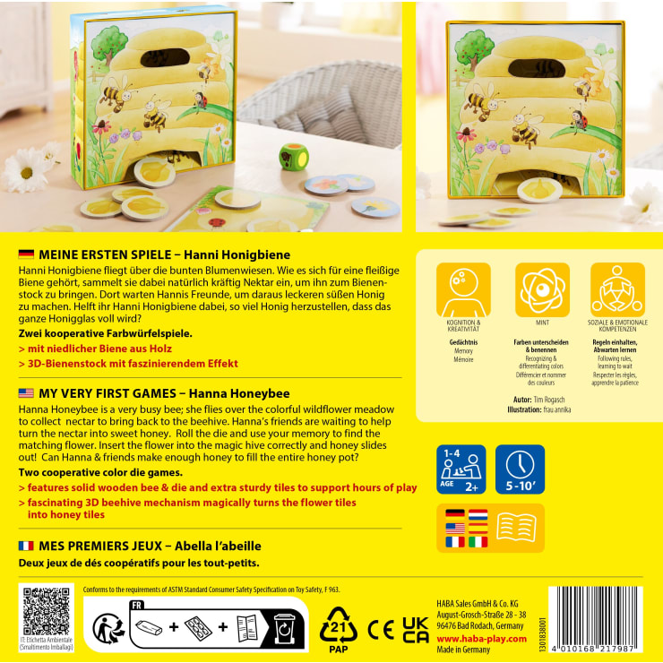 Eine gelbe Spielschachtel mit einer Honigbienen-Illustration wird mit runden Spielsteinen und Karten gezeigt. Eine Anleitung in deutscher, englischer und französischer Sprache erklärt die Spielregeln und Bestandteile auf der Rückseite der Schachtel.