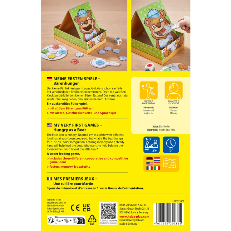 Rückseite einer Brettspielschachtel für "Hungrig wie ein Bär". Das Bild zeigt eine Bärenillustration mit geöffnetem Maul, Spielsteine mit Lebensmittelbildern und eine Spielanleitung in Deutsch, Englisch und Französisch sowie Unternehmens- und Sicherheitsinformationen.