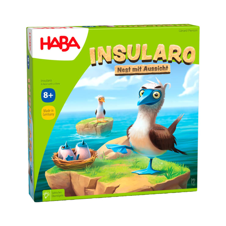 Eine farbenfrohe Spielschachtel mit dem Titel "Insularo: Nest mit Aussicht" von HABA, die Cartoon-Vögel auf einer Insel mit einem Nest und Eiern zeigt, empfohlen ab 8 Jahren.