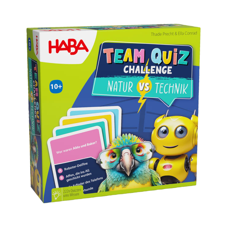 Eine Schachtel für das Spiel HABA Team Quiz Challenge: Natur vs Technik. Die Schachtel zeigt einen Papagei mit Brille, einen gelben Roboter, Quizkarten und die Altersempfehlung 10+. Der Hintergrund ist grün und blau.