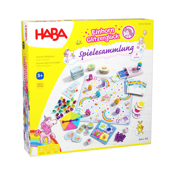 Die Abbildung zeigt eine HABA-Brettspielschachtel mit dem Titel Einhorn Glitzerglück Spielesammlung für Kinder ab 3 Jahren. Die Schachtel ist mit Regenbogen-, Einhorn- und Wolken-Illustrationen versehen, die Spielsteine und Karten sind auf dem Deckel abgebildet.