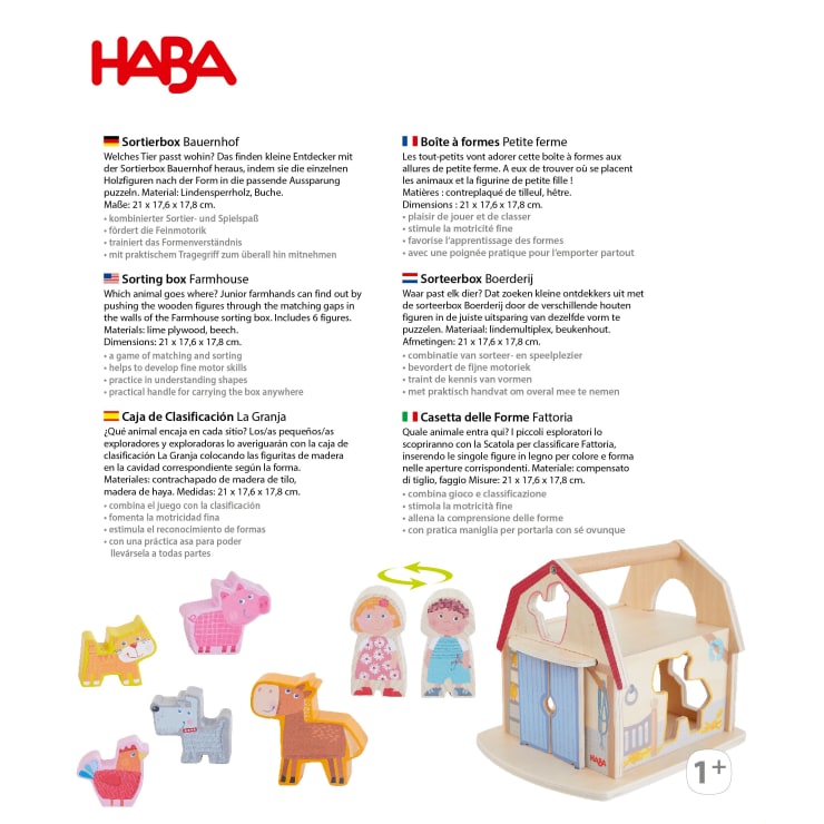 Das Produktbild zeigt die HABA-Sortierbox Bauernhof. Das Foto zeigt eine Holzscheune mit abnehmbarem Dach und mehrere bunte Tier- und Bauernfiguren sowie mehrsprachige Produktbeschreibungen. Geeignet für Kinder ab 1 Jahr.