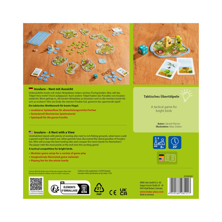 Die Rückseite einer Brettspielschachtel zeigt Spielfiguren, Karten und Spielsteine, die auf einem Tisch angeordnet sind. Ein Text in Deutsch und Englisch beschreibt das Spiel Insulares - Ein Nest mit Aussicht, seinen Inhalt, die Altersfreigabe und die Spielzeit.